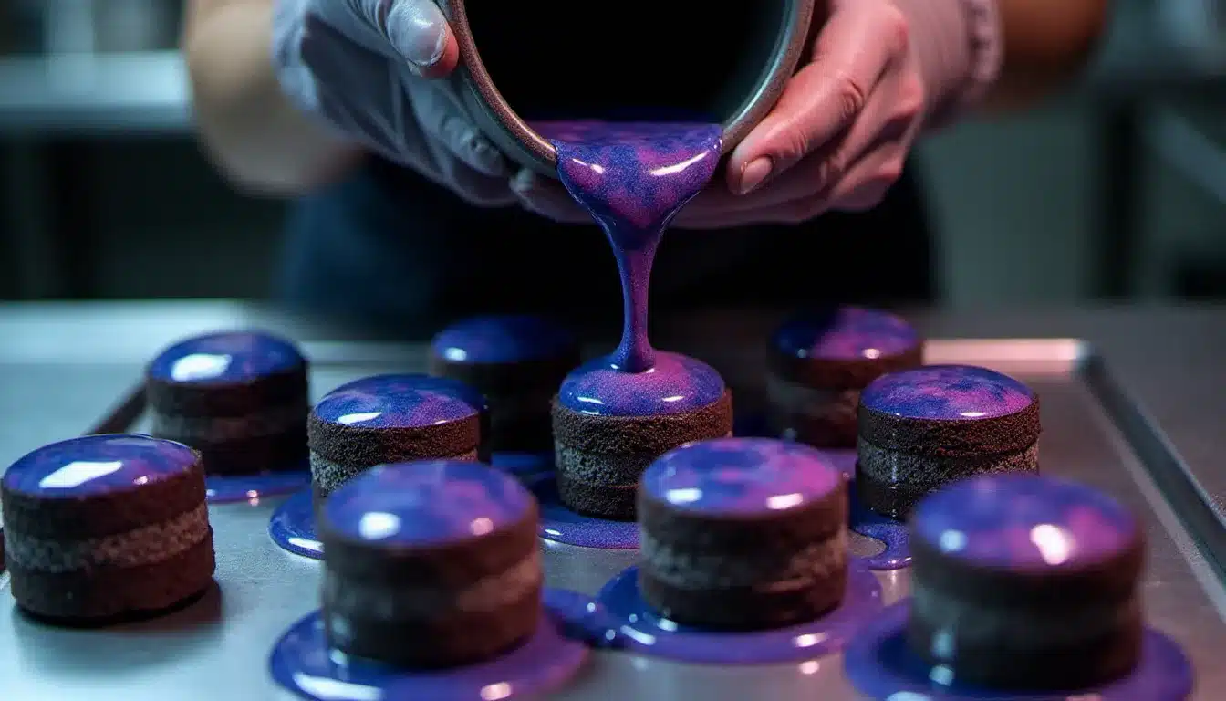 Mains de pâtissier versant un nappage chocolat coloré effet galaxie sur des entremets individuels disposés sur une grille professionnelle