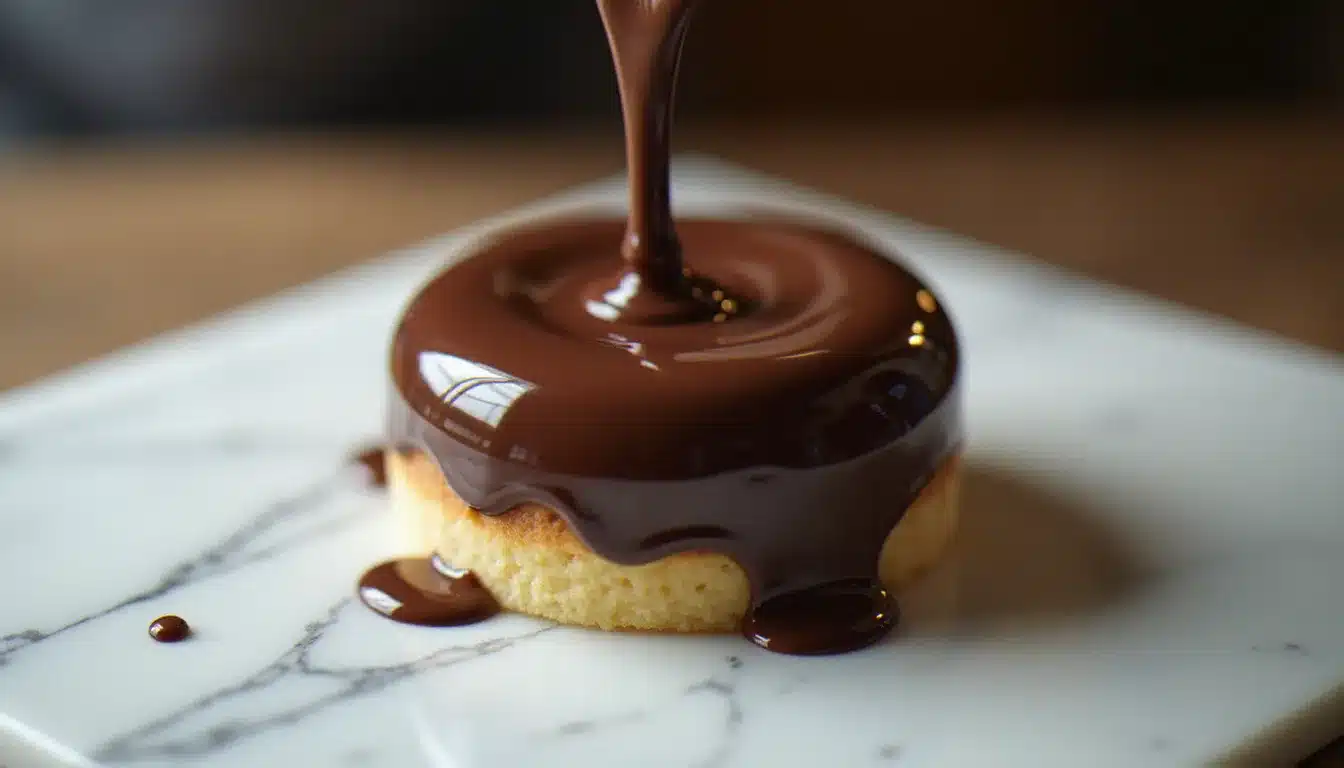 Nappage chocolat brillant versé en filet sur un entremets rond posé sur marbre blanc, effet miroir parfaitement visible