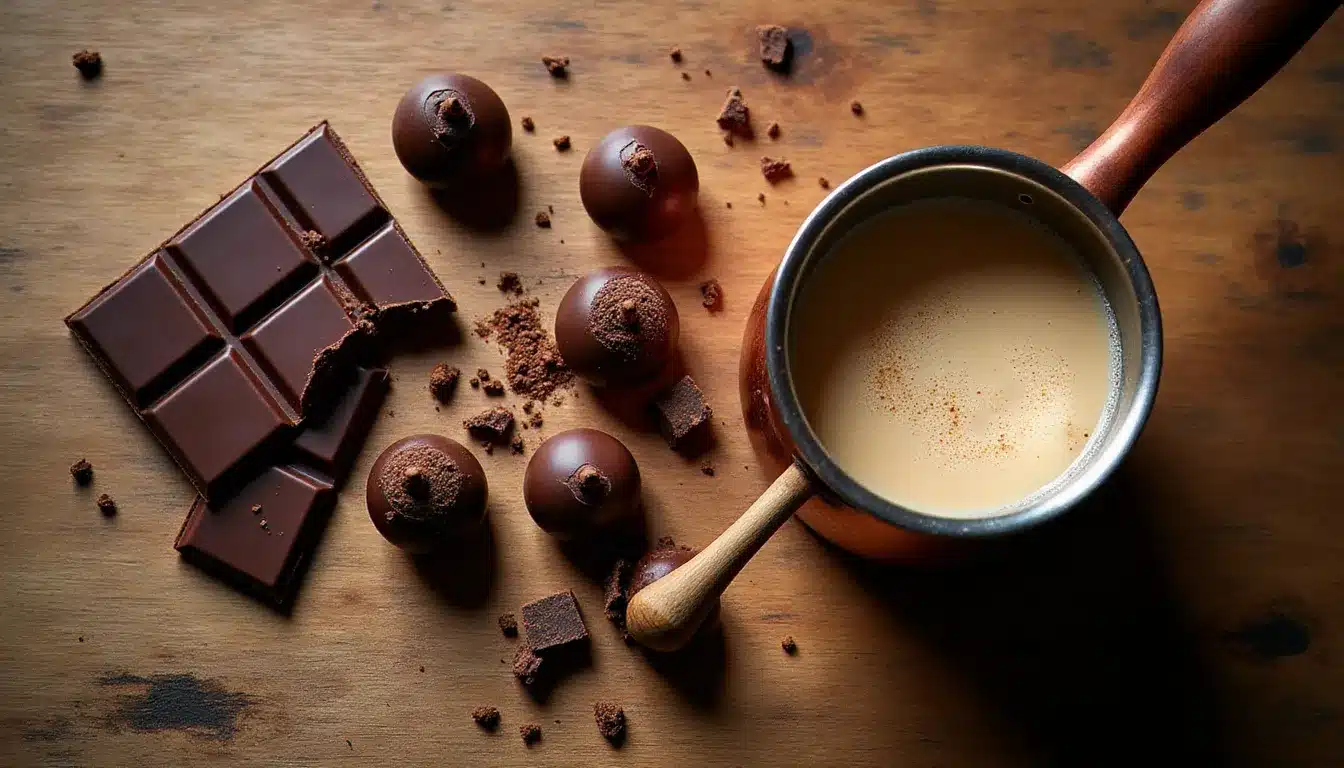 Pistoles de chocolat noir 70% et lait entier frémissant dans une casserole en cuivre pour préparer une recette chocolat chaud maison