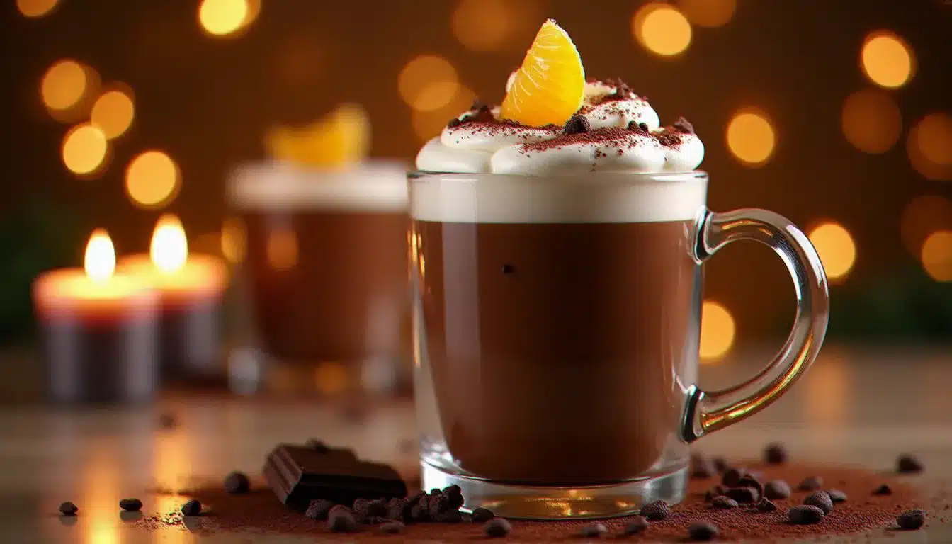 Recette chocolat chaud festive version viennoise avec chantilly maison, zeste d'orange et feuille d'or dans un verre élégant aux bougies