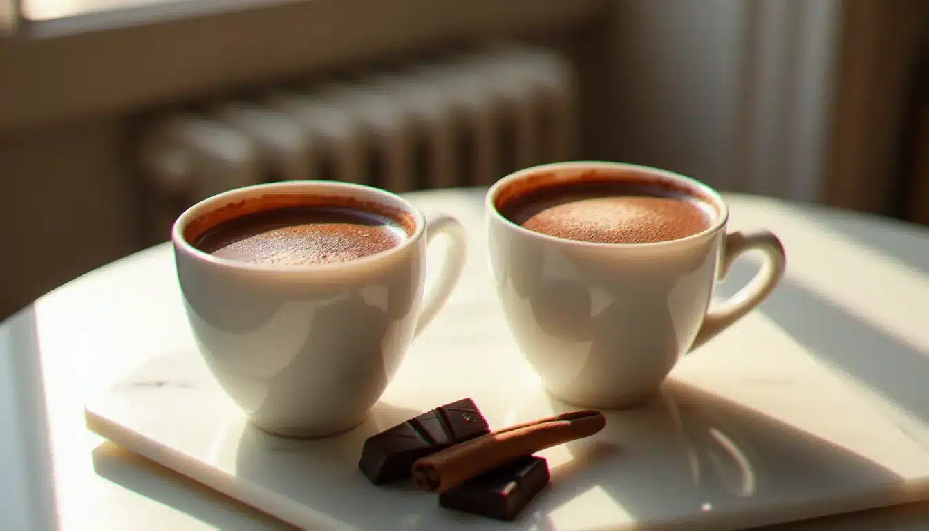 Deux tasses de recette chocolat chaud artisanal sur plateau en marbre blanc avec bâtons de cannelle et carré de chocolat noir 70%