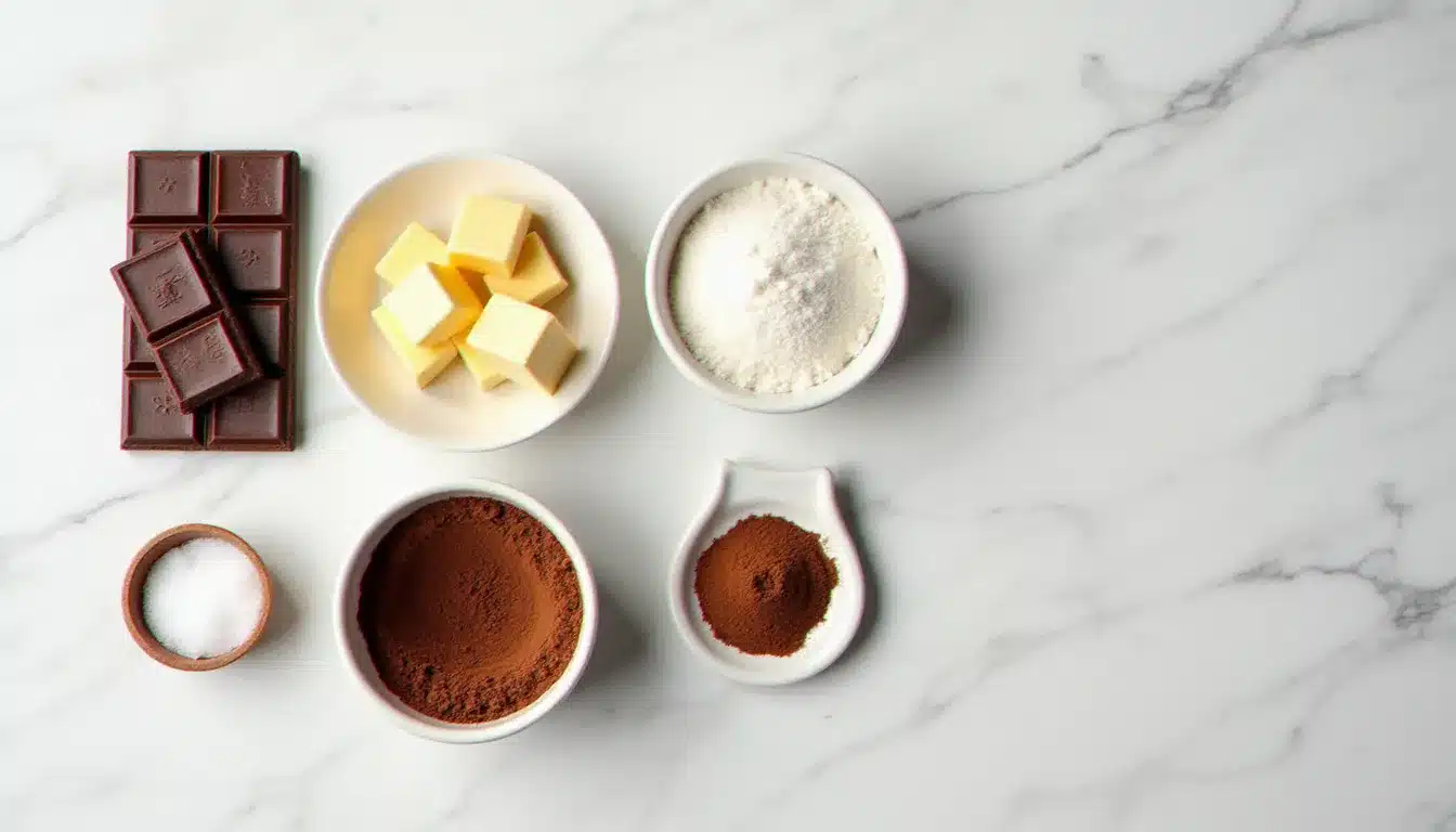 Ingrédients pour la recette d'un brownie au chocolat disposés sur un plan de travail en marbre blanc, chocolat noir, beurre, œufs et sucre