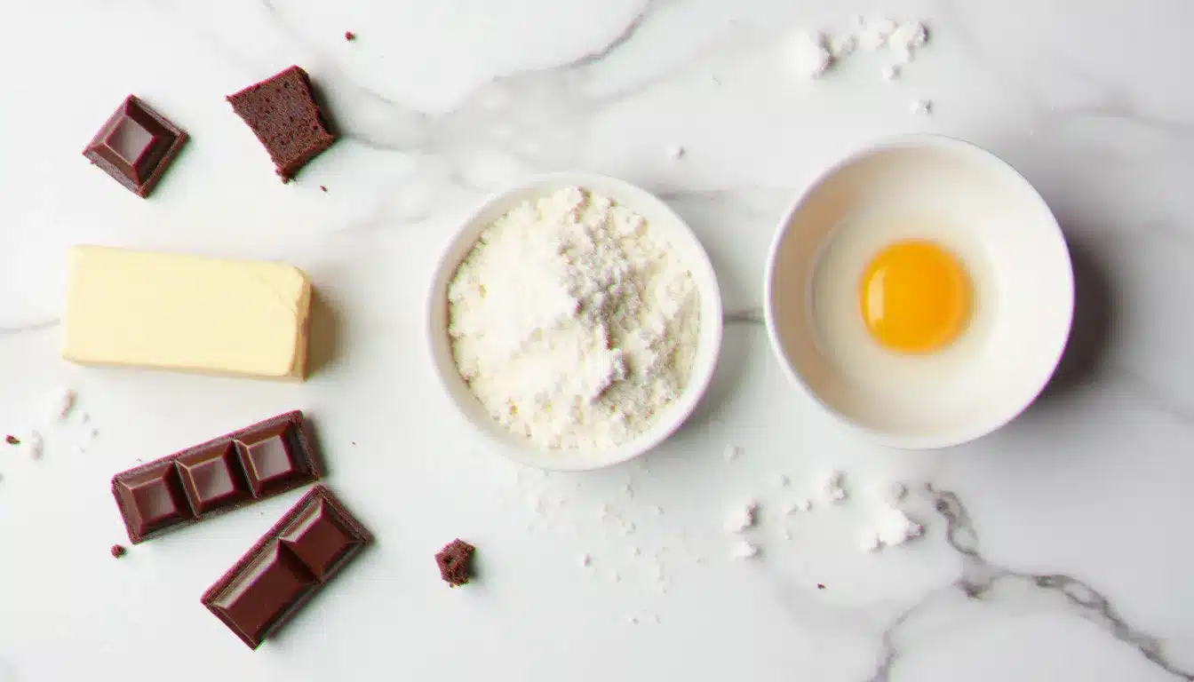 Ingrédients d'un brownie au chocolat disposés sur un plan de travail en marbre blanc : chocolat noir, beurre, œufs et farine