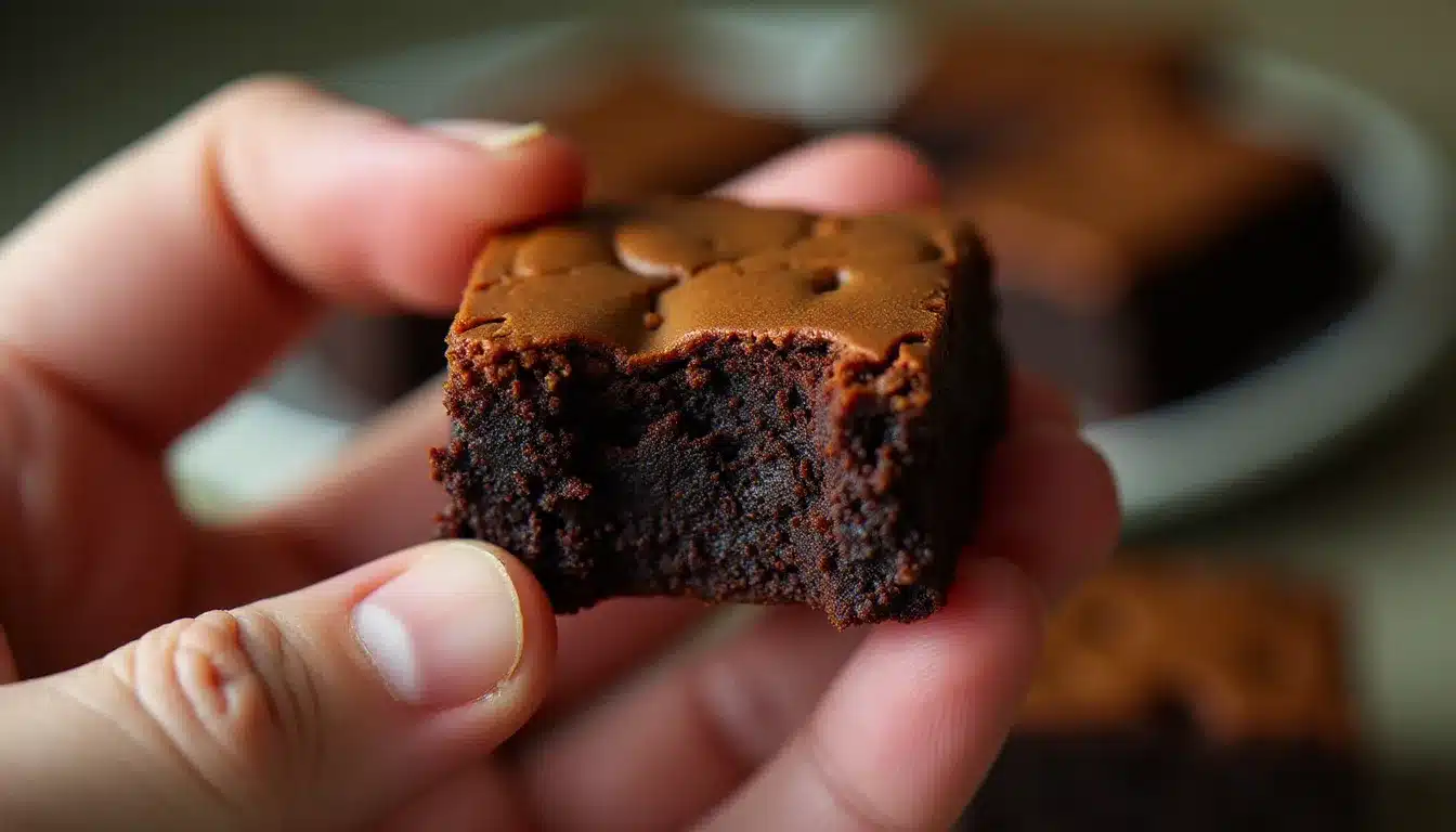 Gros plan d'un carré de brownie au chocolat tenu à la main montrant sa texture fondante et sa mie dense caractéristique