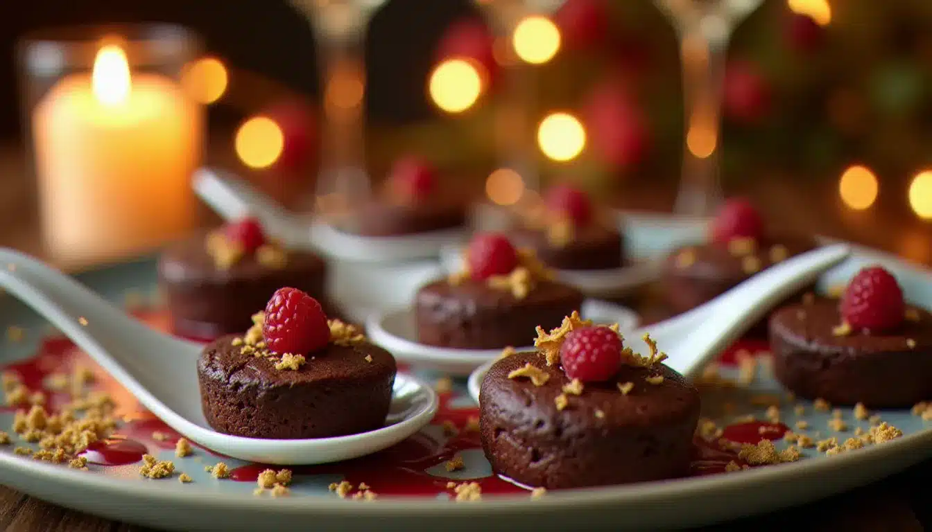 Présentation festive de mini-brownies au chocolat sur des cuillères en porcelaine blanche avec coulis de framboise, sur une table de réception élégante