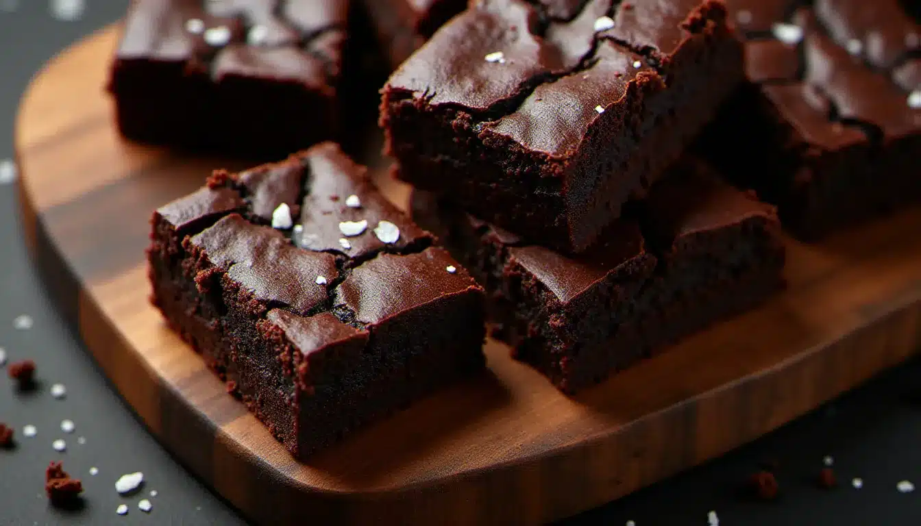 Carrés de brownie au chocolat noir fondant disposés sur une planche en bois, croûte craquelée et cœur dense visible, recette d'un brownie au chocolat réussie