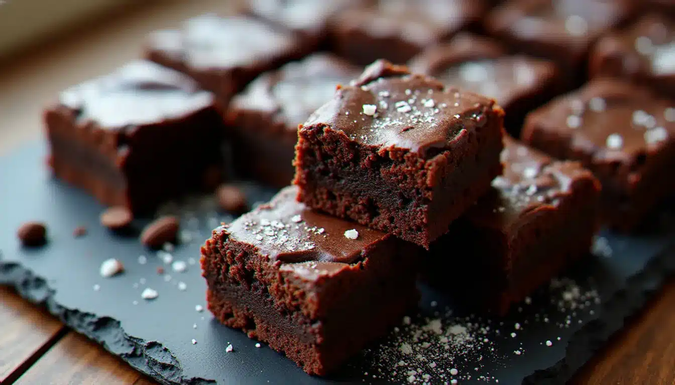Carrés de brownie au chocolat fondant sur une ardoise noire, saupoudrés de sucre glace, illustrant la recette d'un brownie au chocolat parfait