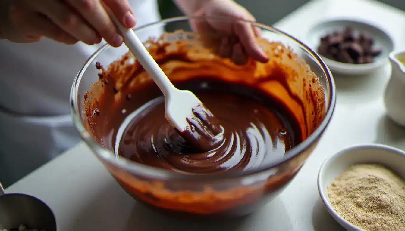 Mains d'un pâtissier en train de réaliser l'émulsion d'une recette ganache chocolat dans un bol en verre avec une spatule en silicone, geste circulaire centripète visible