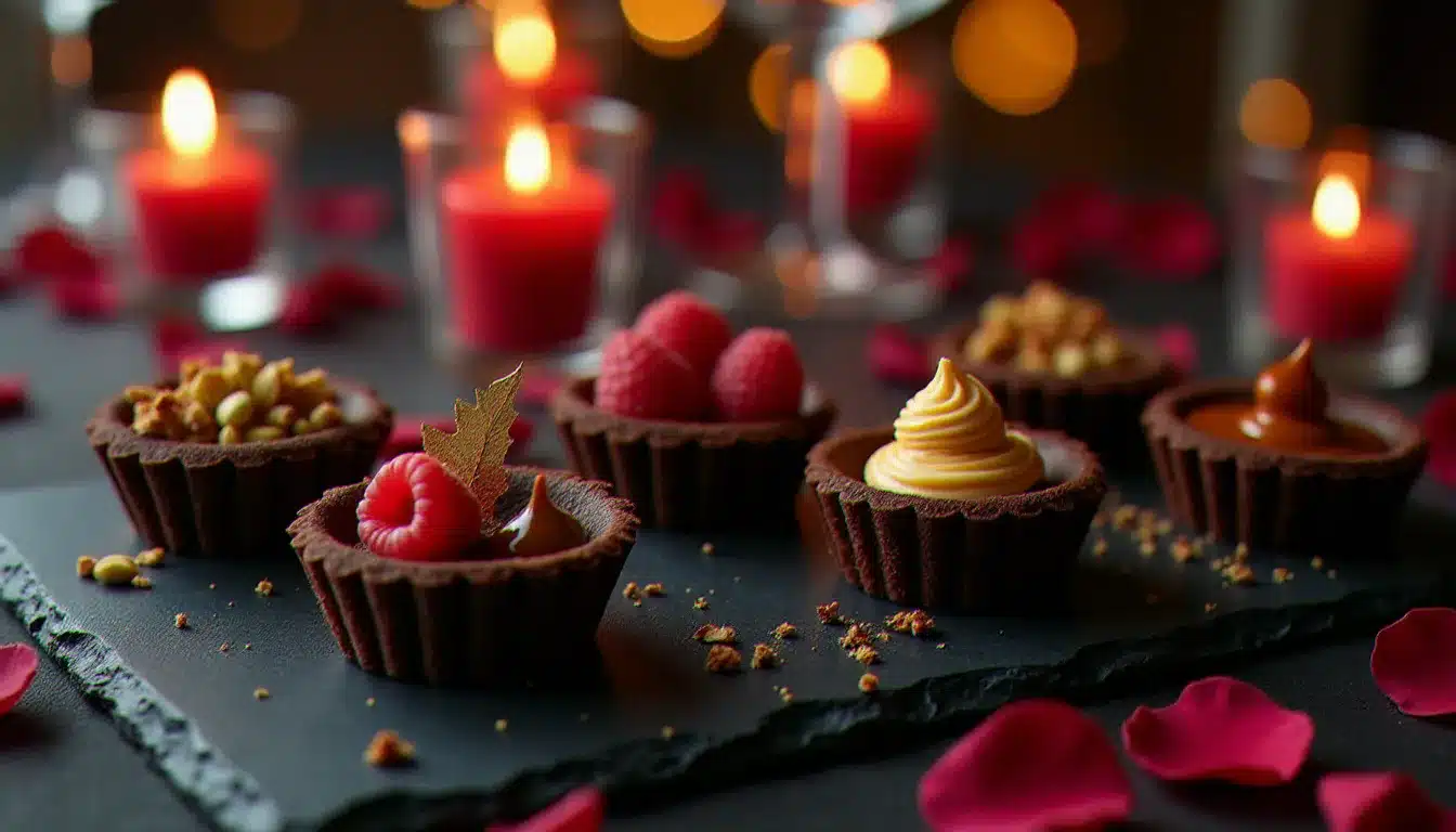 Cinq tartelettes garnies de ganache chocolat présentées sur une ardoise avec des décors variés — feuille d'or, framboises, fleur de sel, pistaches et caramel — dans une ambiance de dîner festif à la bougie