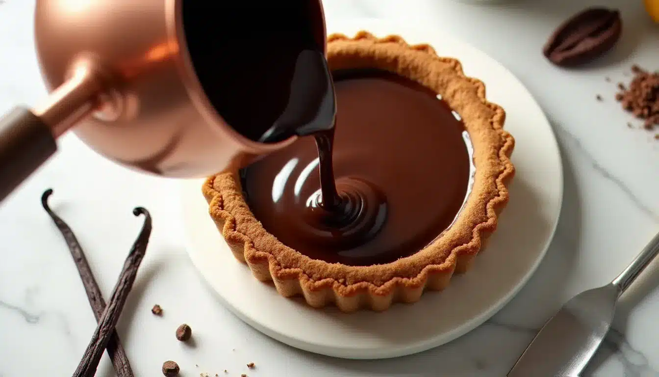Ganache chocolat noir brillante versée dans une coque de tarte en céramique blanche sur un plan de travail en marbre, avec des éclats de cacao et une gousse de vanille, illustrant une recette ganache chocolat réussie
