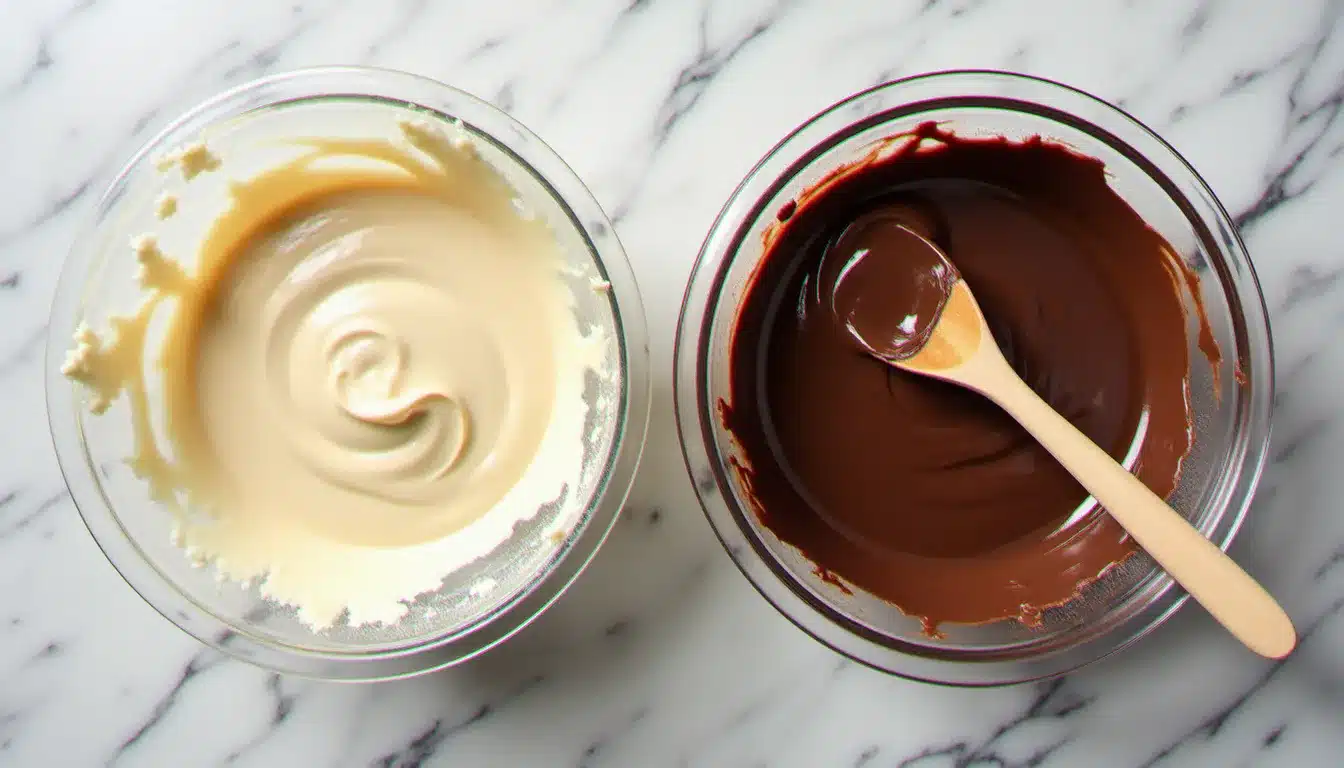 Deux bols de pâte côte à côte, l'un nature et l'autre au cacao, prêts pour la réalisation d'une recette marbré chocolat maison
