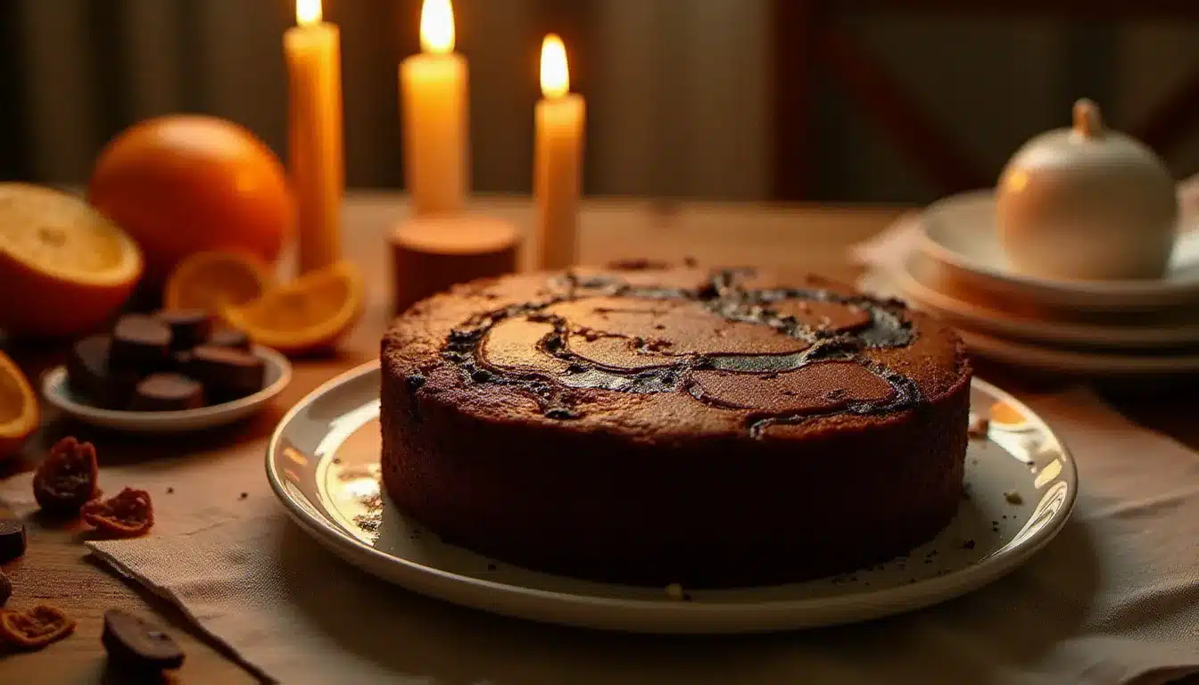 Gâteau marbré chocolat présenté sur une table de fête décorée de bougies et d'éclats de chocolat, dans une atmosphère chaleureuse et élégante