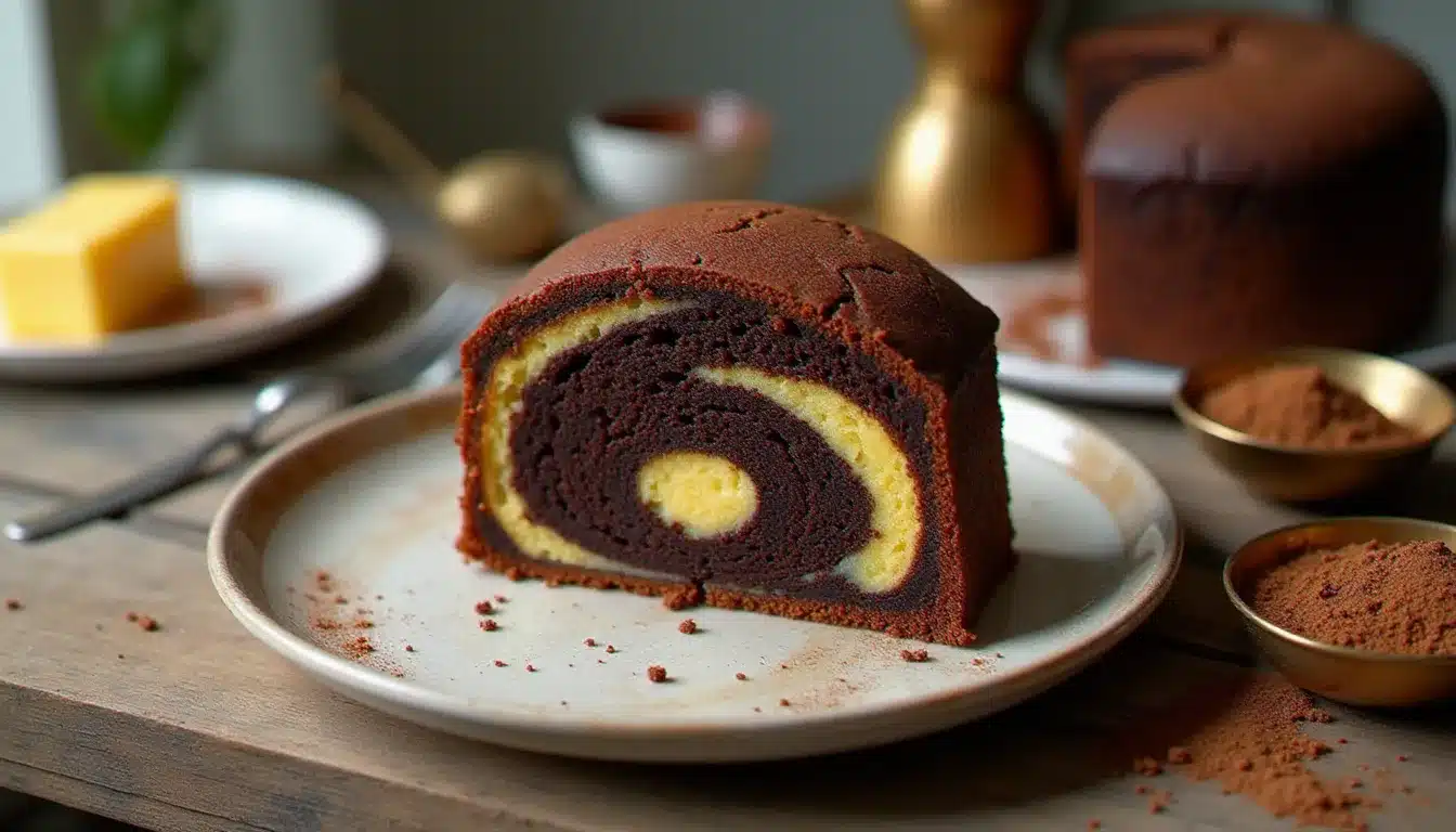Gâteau marbré chocolat tranché révélant les veines bicolores de la recette marbré chocolat maison, sur une table en bois rustique avec lumière naturelle