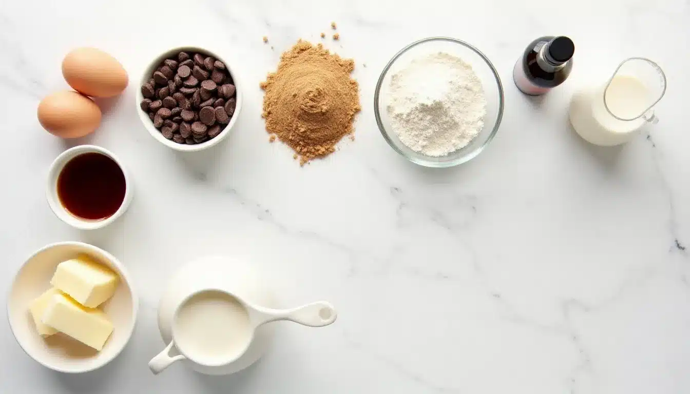 Ingrédients pour la recette muffin pépite chocolat disposés sur un plan de travail en marbre blanc, incluant pépites de chocolat noir, sucre roux, œufs, farine et beurre