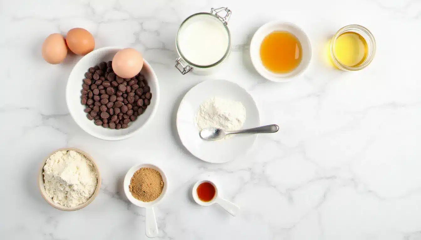 Ingrédients pour la recette muffin pépite chocolat disposés sur un marbre blanc : pépites de chocolat noir, œufs, cassonade, farine et lait entier