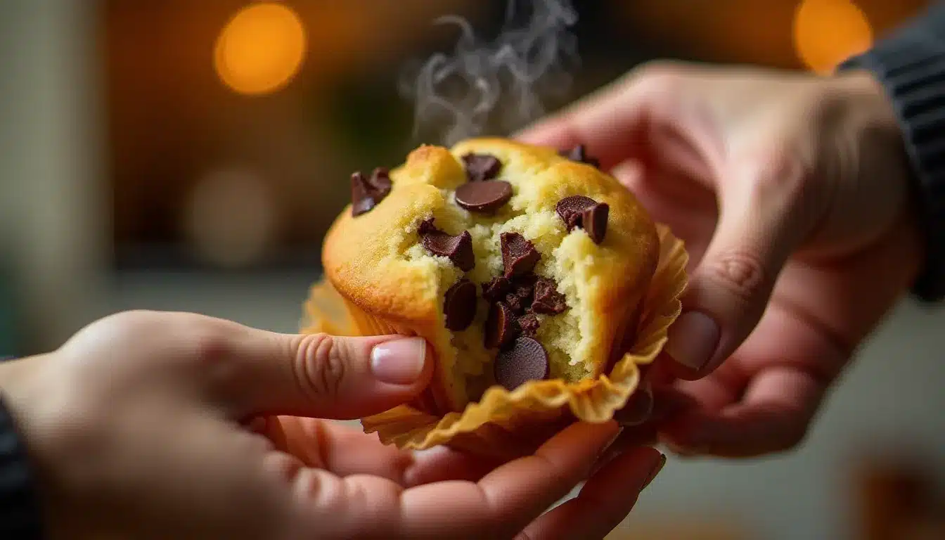 Muffin pépite chocolat ouvert en deux révélant un intérieur moelleux avec des poches de chocolat fondu, illustrant la texture parfaite obtenue grâce aux astuces de la recette