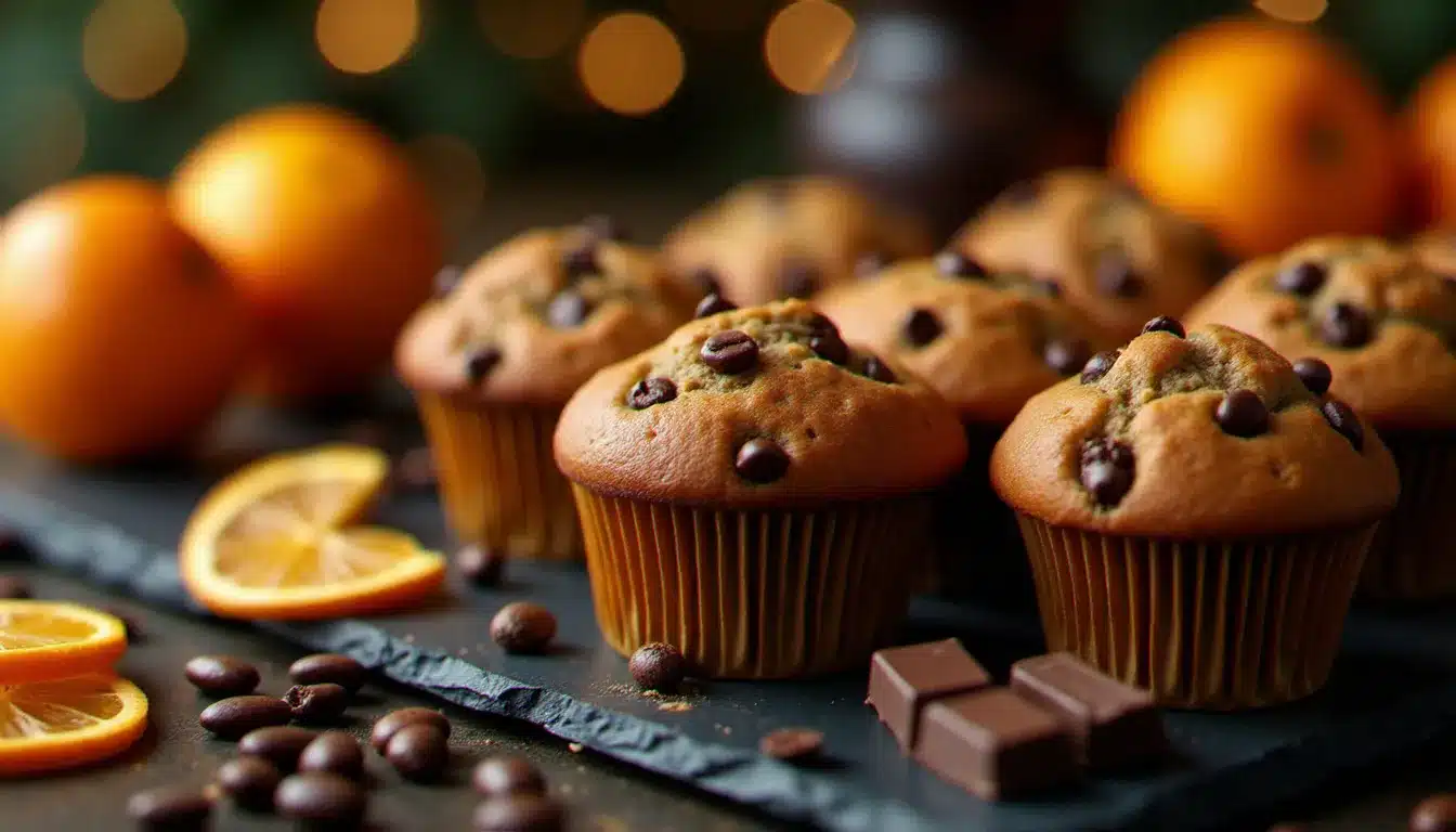 Présentation festive de muffins pépites chocolat dans des caissettes dorées sur une ardoise, décorés de tranches d'orange séchées et d'éclats de chocolat pour un événement gourmand