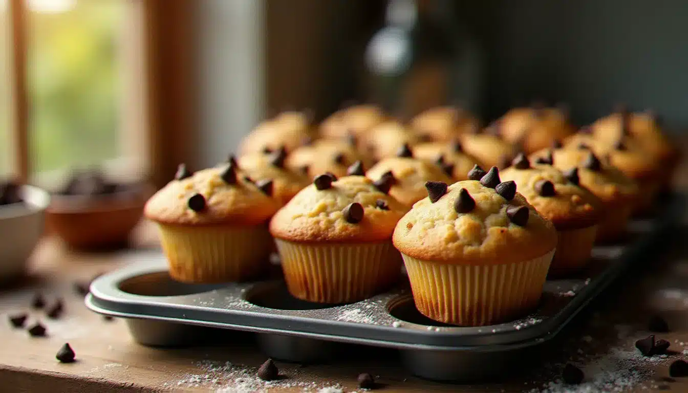Plateau de muffins pépites chocolat dorés aux dômes parfaits sortis du four, illustrant la recette muffin pépite chocolat maison réussie