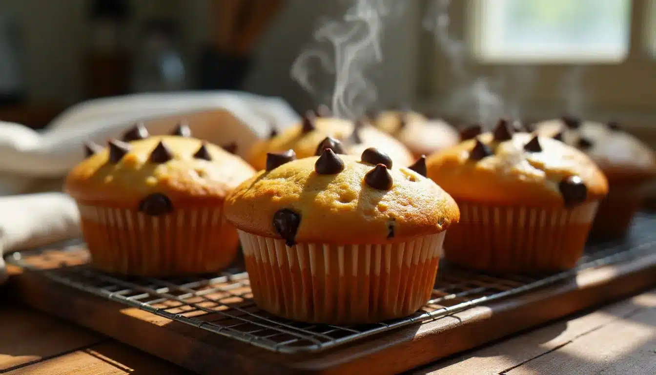 Muffins pépites de chocolat dorés et moelleux refroidissant sur une grille en bois, illustrant la recette muffin pépite chocolat