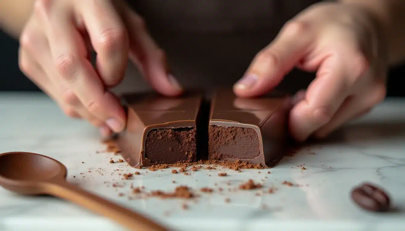 Mains d'un chocolatier cassant une tablette de chocolat artisanale en deux sur un plan de travail en marbre blanc, révélant une cassure nette et brillante