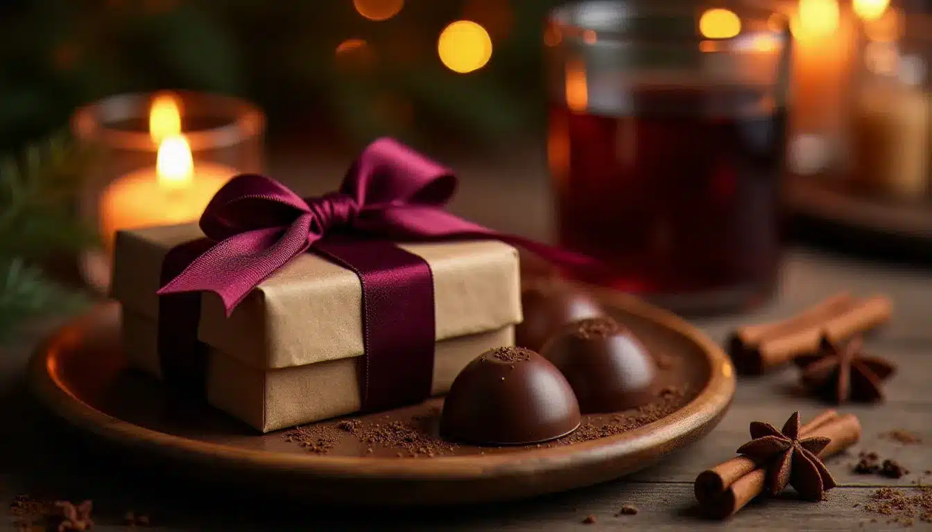 Coffret cadeau de tablettes de chocolat premium emballées dans du papier kraft et ruban bordeaux, disposées sur un plateau en bois avec un verre de vin rouge et des épices, ambiance festive à la bougie