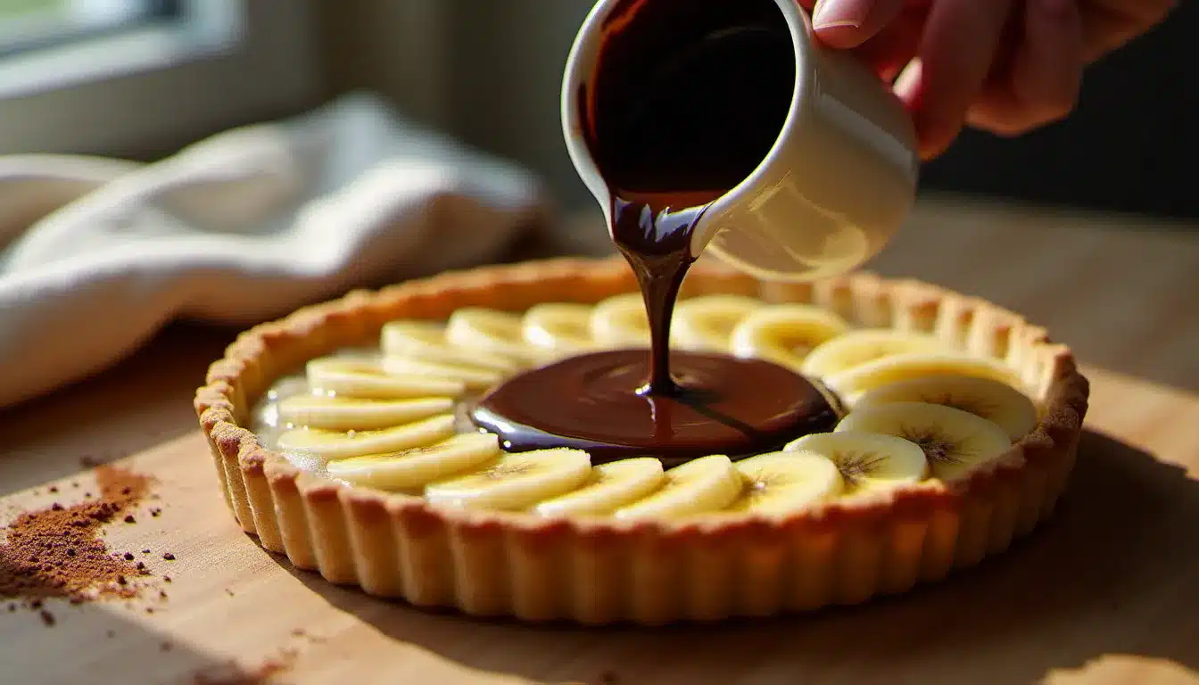 Mains versant une ganache au chocolat brillante sur des rondelles de banane disposées dans un fond de tarte sablée dorée, lumière naturelle de cuisine