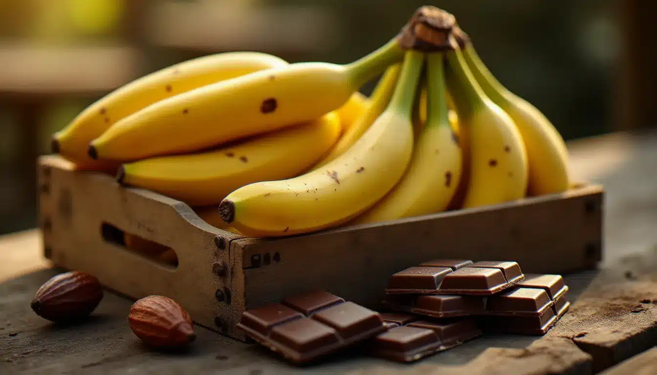Caisse en bois rustique de bananes mûres tachetées disposée à côté de tablettes de chocolat artisanal et de cabosses de cacao sur un marché, lumière dorée d'après-midi
