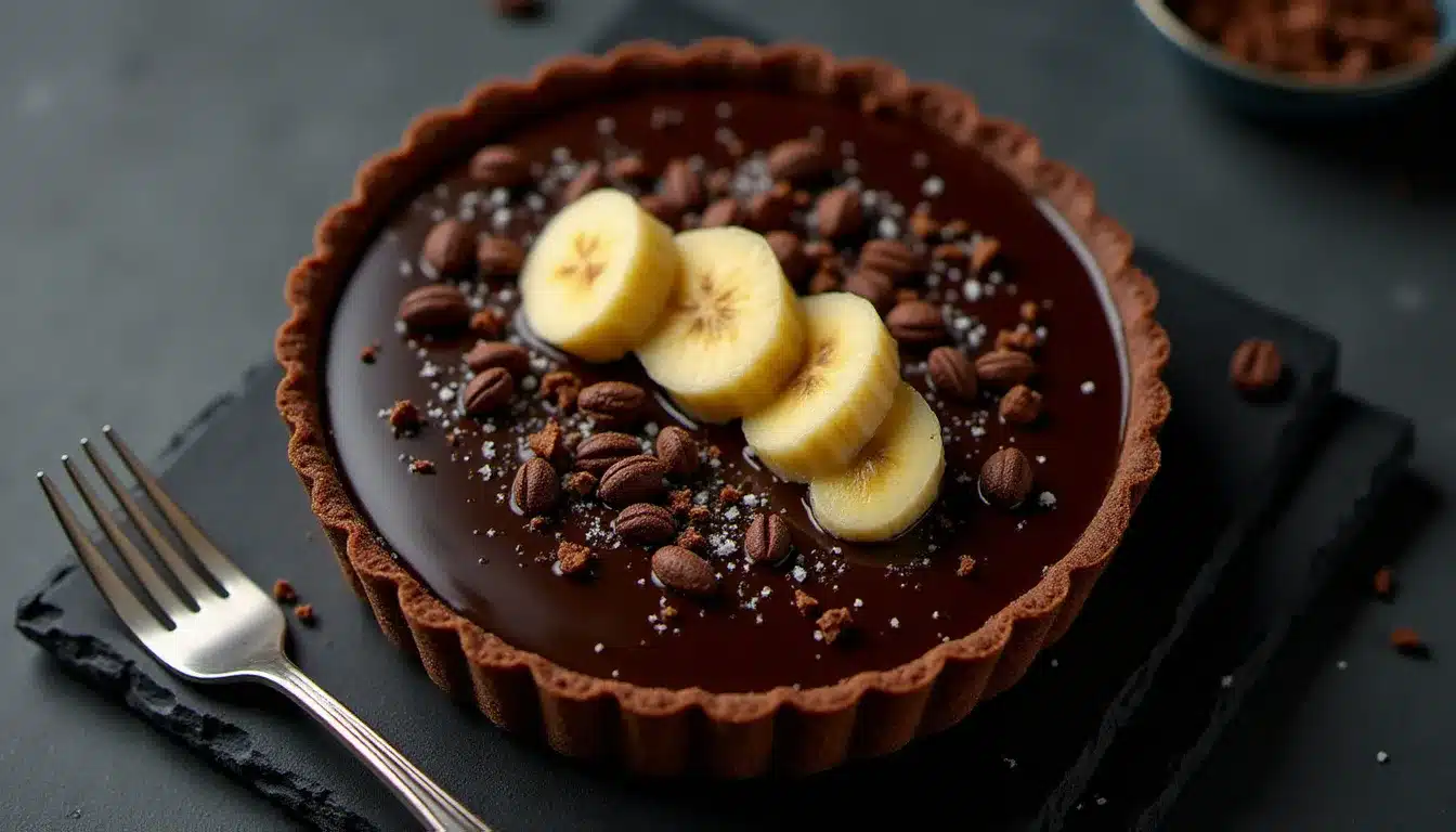 Vue aérienne d'une tarte banane chocolat à la ganache brillante, garnie de rondelles de banane et d'éclats de cacao, posée sur une ardoise sombre