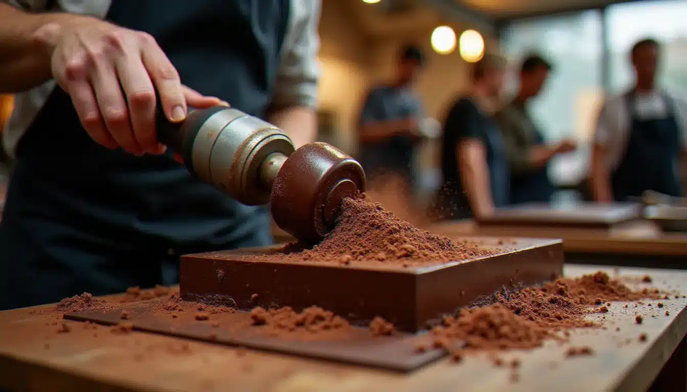Chocolatier professionnel sculptant un bloc de chocolat avec une scie rotative lors d'une démonstration publique dans un festival gastronomique, copeaux de chocolat en suspension