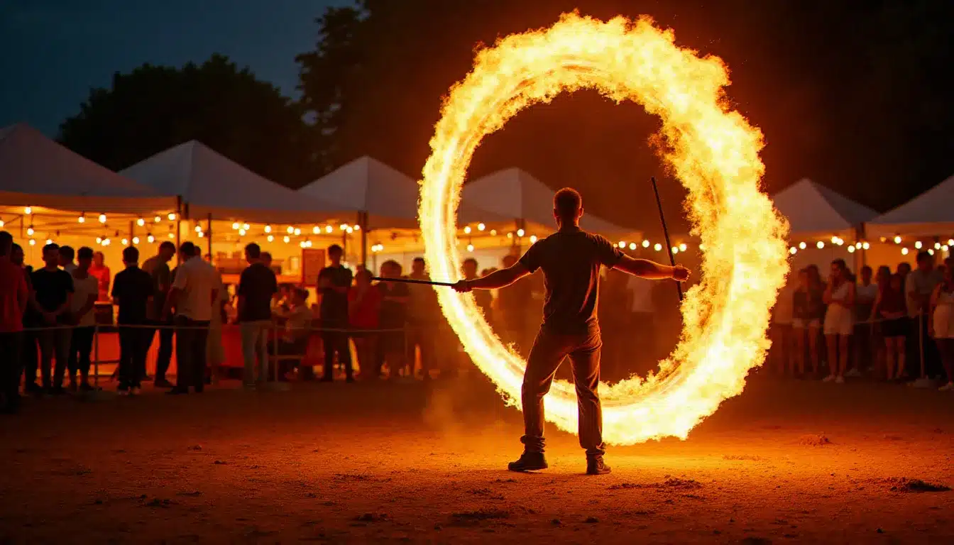 Artiste cracheur de feu lors d'une démonstration de type activité dangereuse en X dans un festival gastronomique nocturne, public en arrière-plan derrière les barrières de sécurité