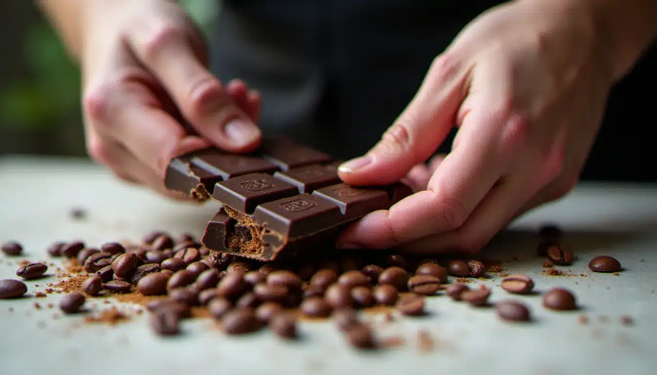 Chocolatier cassant une tablette de chocolat grand cru lors d'une masterclass de dégustation sensorielle