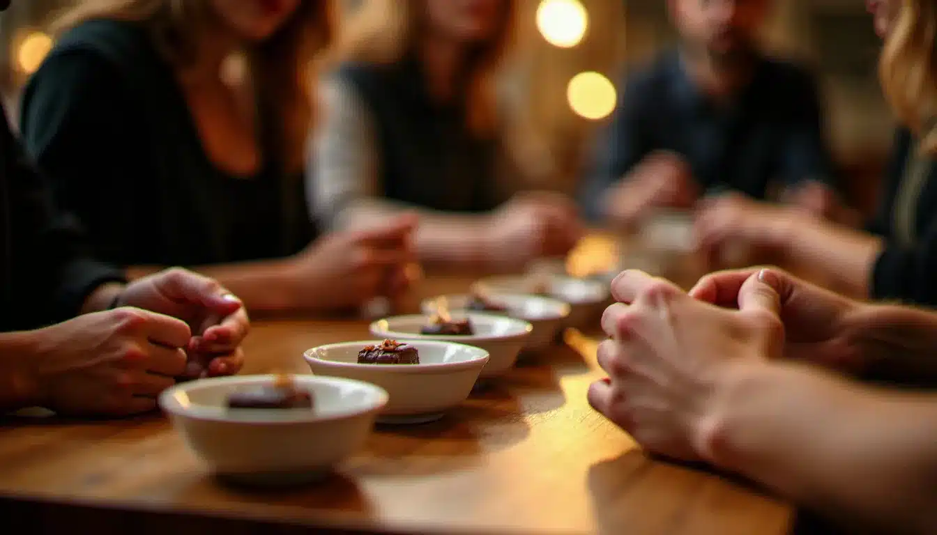 Session de dégustation de classe exceptionnelle de chocolat grand cru lors d'un événement gourmand parisien en 2025