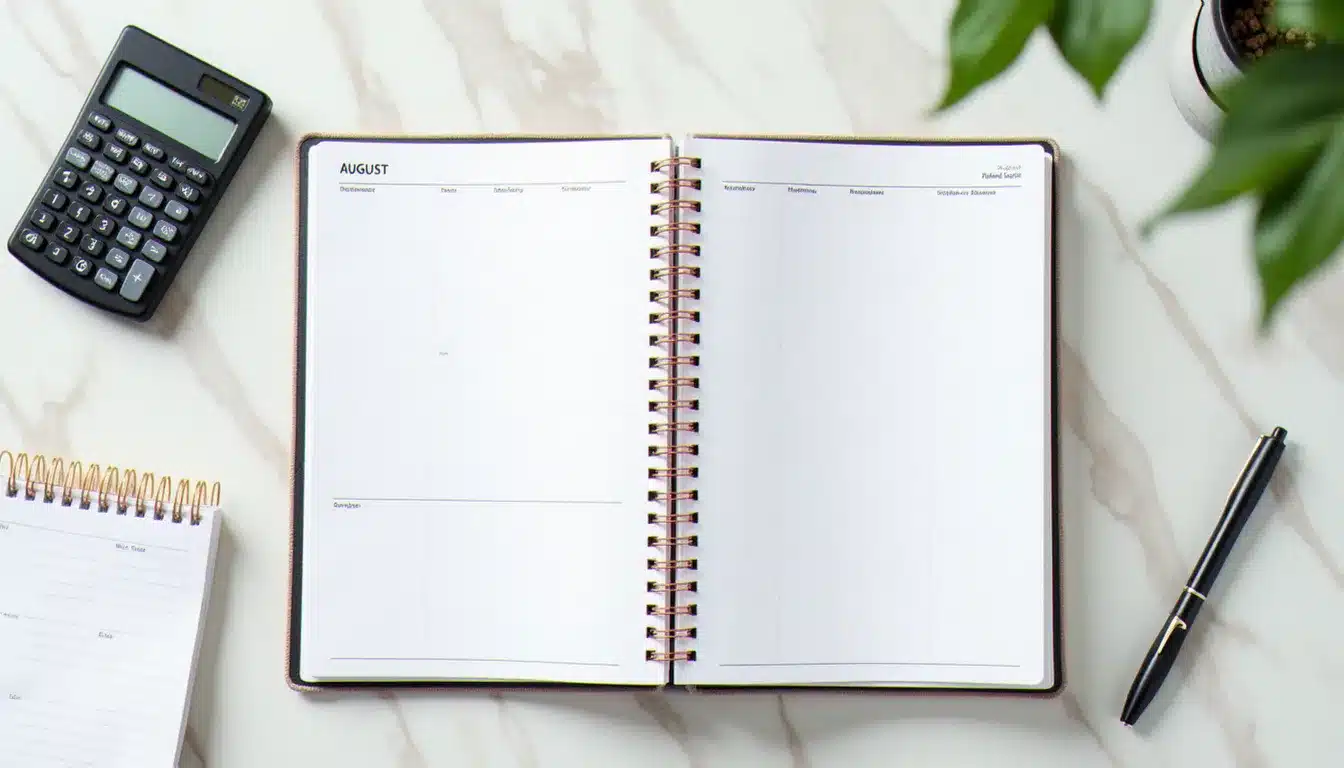 Carnet de planification budgétaire ouvert avec un calendrier d'été et une calculatrice, illustrant la gestion financière après la date de l'avis d'imposition 2024