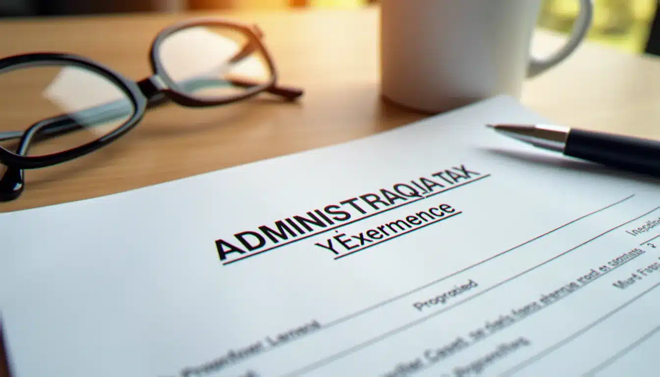 Avis d'imposition 2024 posé sur un bureau en bois avec des lunettes et une tasse de café, illustrant la date de réception du document fiscal annuel