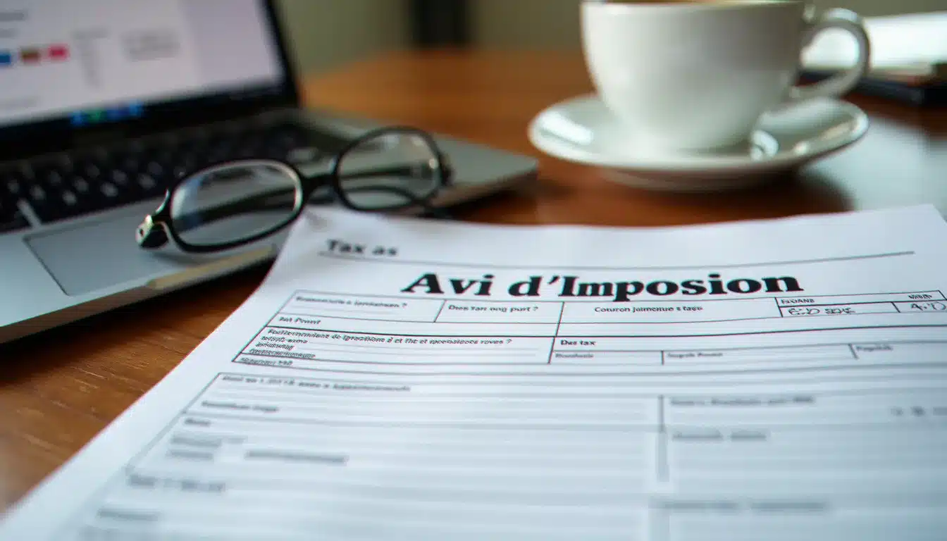 Document officiel d'avis d'imposition 2025 posé sur un bureau en bois à côté d'un ordinateur portable ouvert, illustrant la date de réception de l'avis d'impôts 2025
