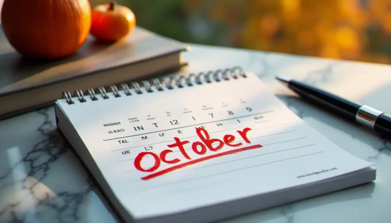Calendrier d'octobre avec dates de paiement de la taxe foncière 2025 entourées, carnet de chèques et stylo sur marbre