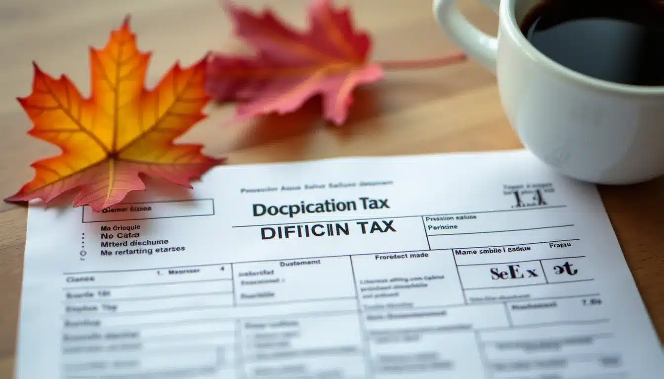 Avis de taxe foncière 2025 posé sur un bureau en bois avec une feuille d'automne, symbolisant l'échéance fiscale d'octobre