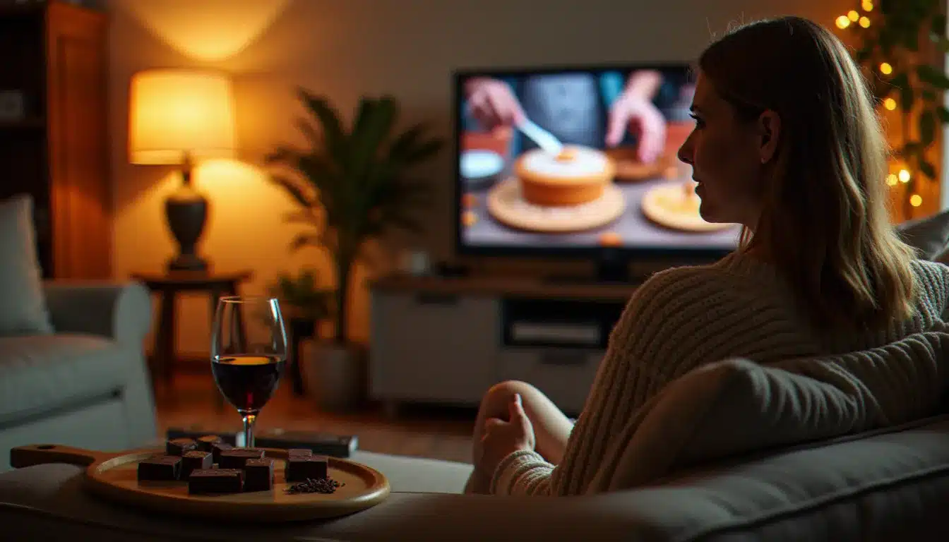 Téléspectatrice regardant une émission de pâtisserie sur M6 en soirée d'automne depuis son salon, avec une planche de chocolats artisanaux posés sur la table basse