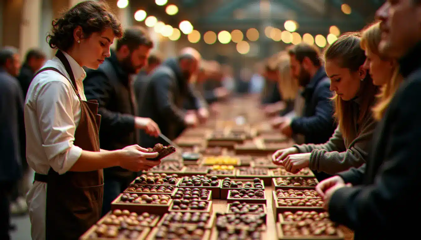 Visiteurs d'un salon du chocolat artisanal en France dégustant des créations de chocolatiers professionnels lors d'un festival automnal, en écho à l'engouement généré par le Meilleur Pâtissier
