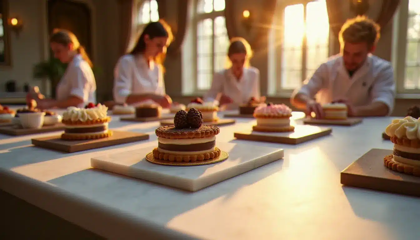 Candidats du Meilleur Pâtissier 2025 travaillant sur leurs créations en chocolat dans le cadre élégant d'un château français, illustrant la date meilleur patissier 2025 très attendue