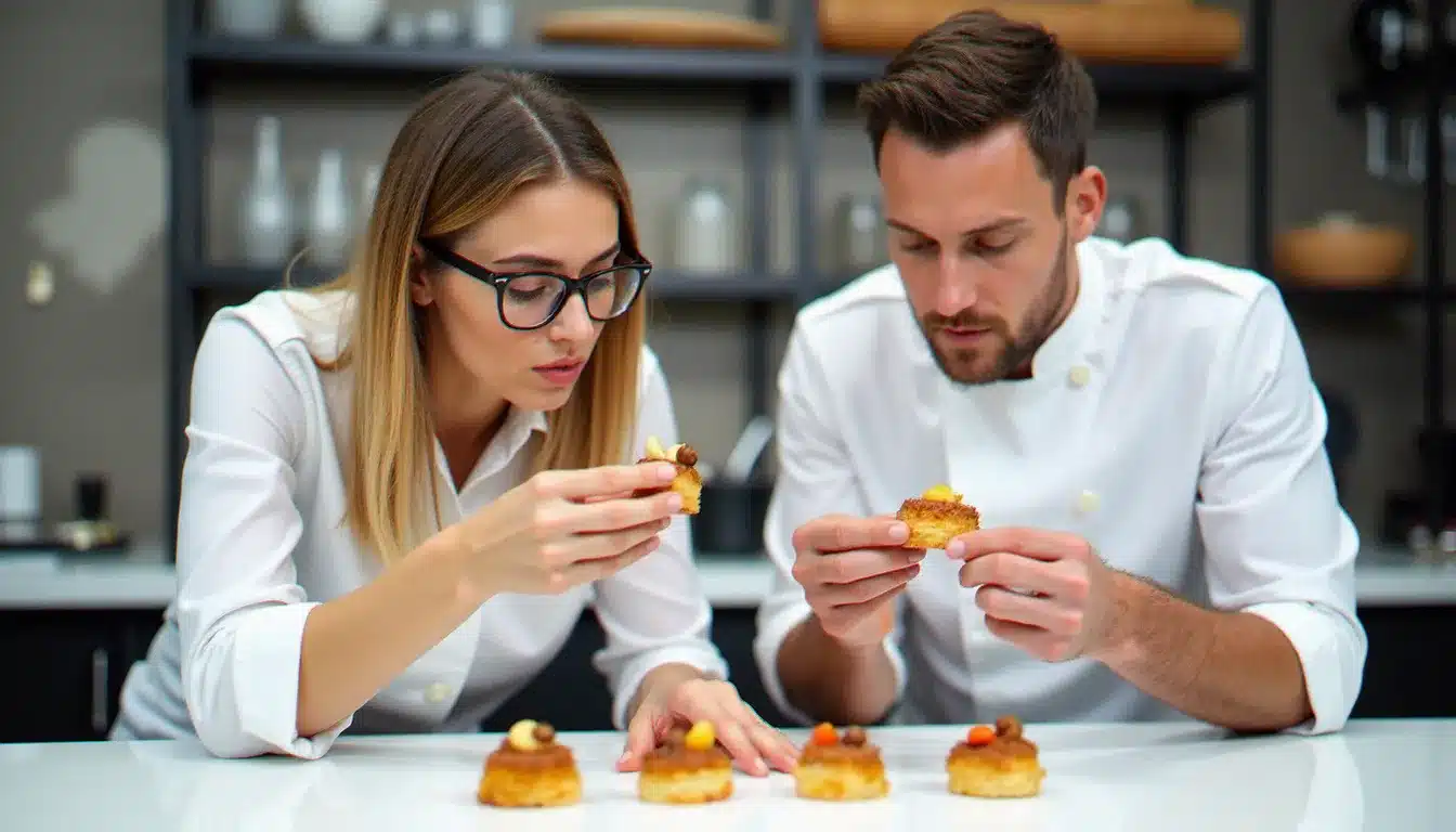 Deux jurés de concours pâtissier évaluant des créations sucrées dans un studio lumineux, dans l'esprit du jury du Meilleur Pâtissier 2026