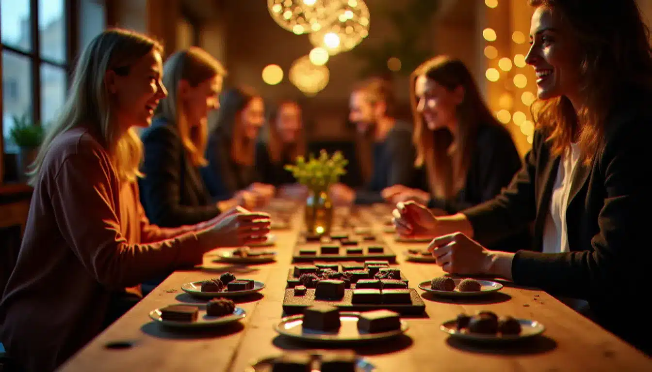 Événement de dégustation de chocolats artisanaux dans un loft parisien chaleureux, des convives profitant d'une soirée organisée autour du calendrier du Meilleur Pâtissier 2026