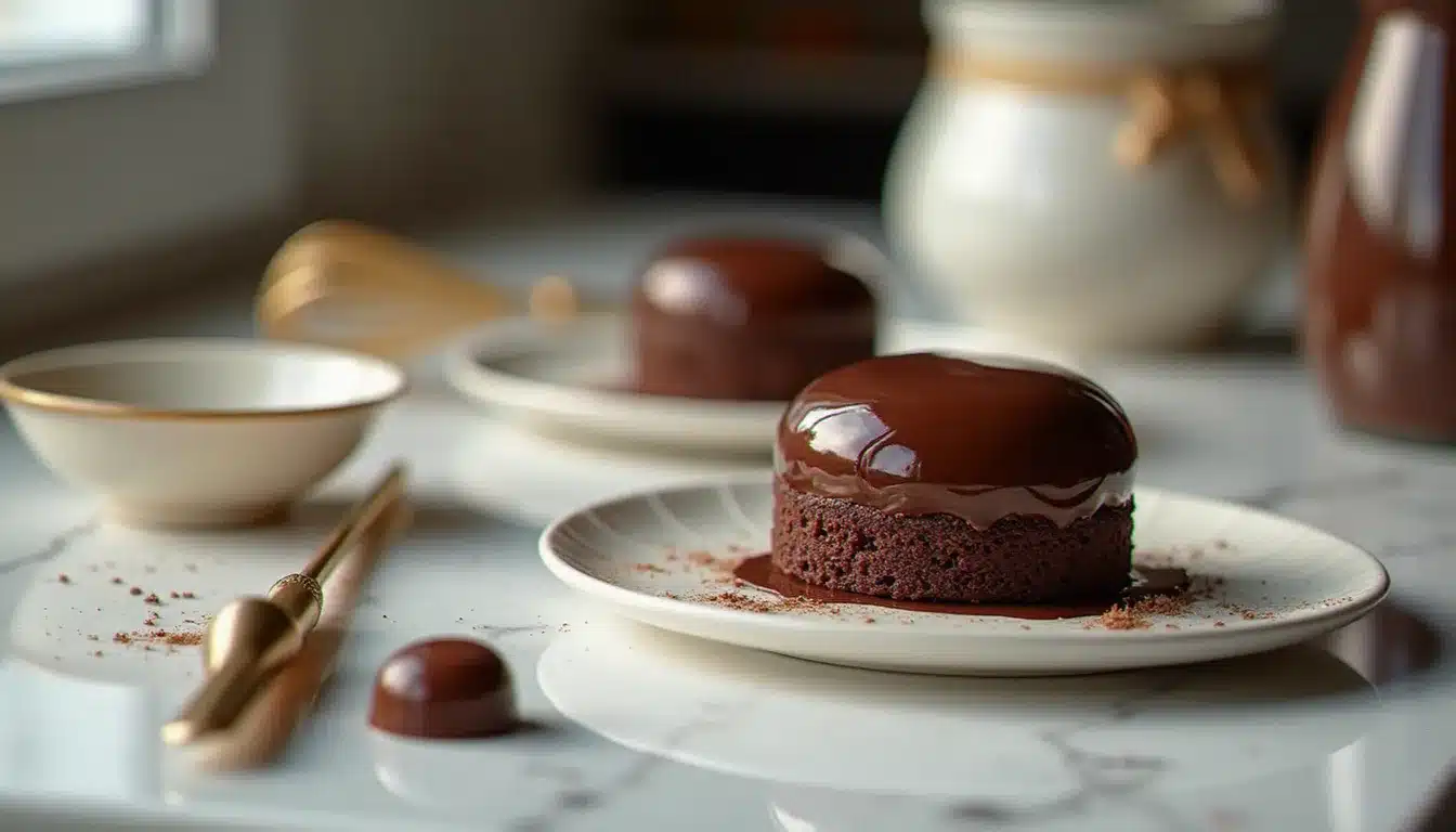 Entremet au chocolat avec glaçage miroir brillant posé sur un plan de travail en marbre lors d'un concours de pâtisserie, illustrant la date du meilleur pâtissier 2026