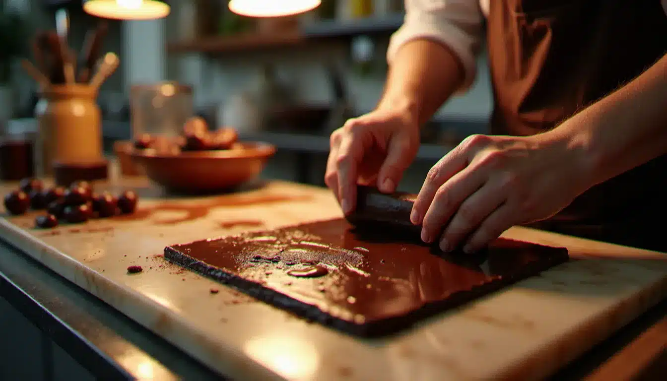 Chocolatier artisan tempérant du chocolat noir sur un marbre dans un atelier professionnel, illustrant le vocabulaire technique de la gastronomie française protégé par la DGLFLF