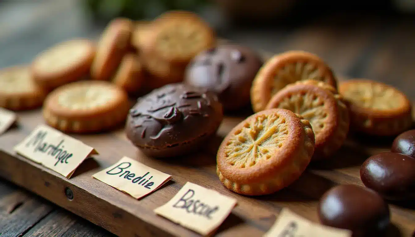 Assortiment de spécialités chocolatées régionales françaises sur une table en bois avec étiquettes manuscrites évoquant la diversité des langues de France et du patrimoine gourmand