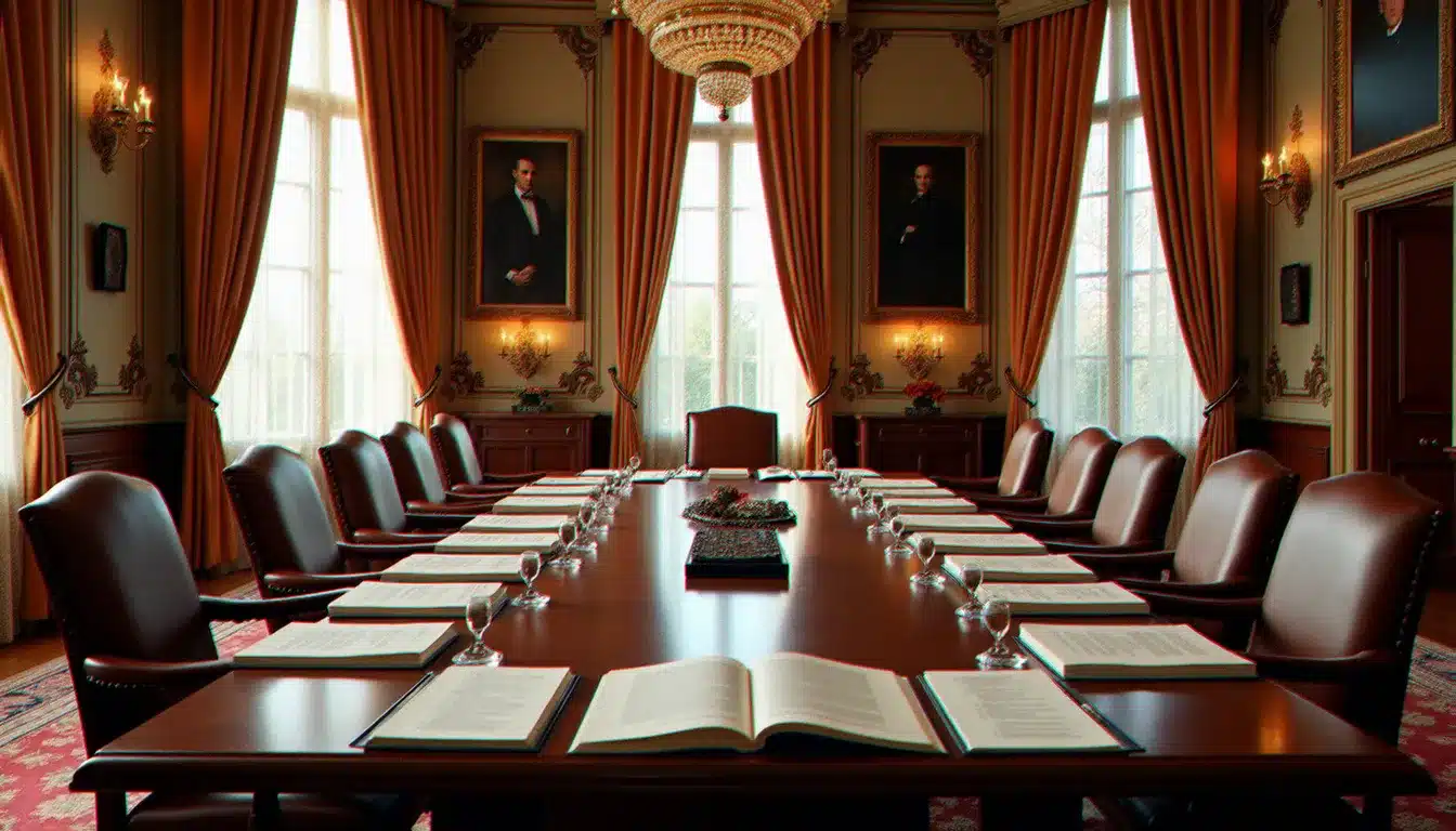 Salle de réunion institutionnelle parisienne évoquant la délégation générale à la langue française et aux langues de France avec livres de référence ouverts sur une grande table en bois
