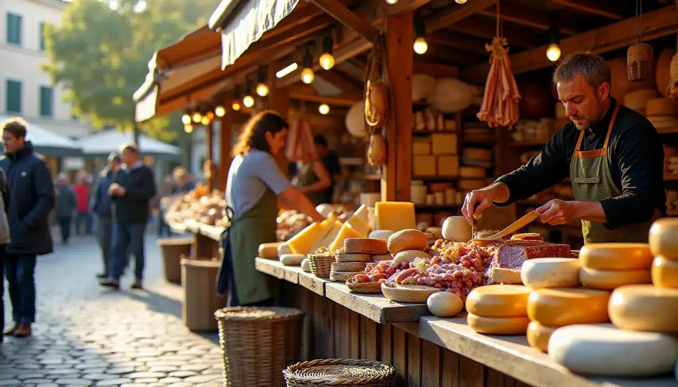 Marché artisanal de plein air sur la place de centre-ville d'Aix-les-Bains avec des étals de fromages savoyards et de charcuterie locale