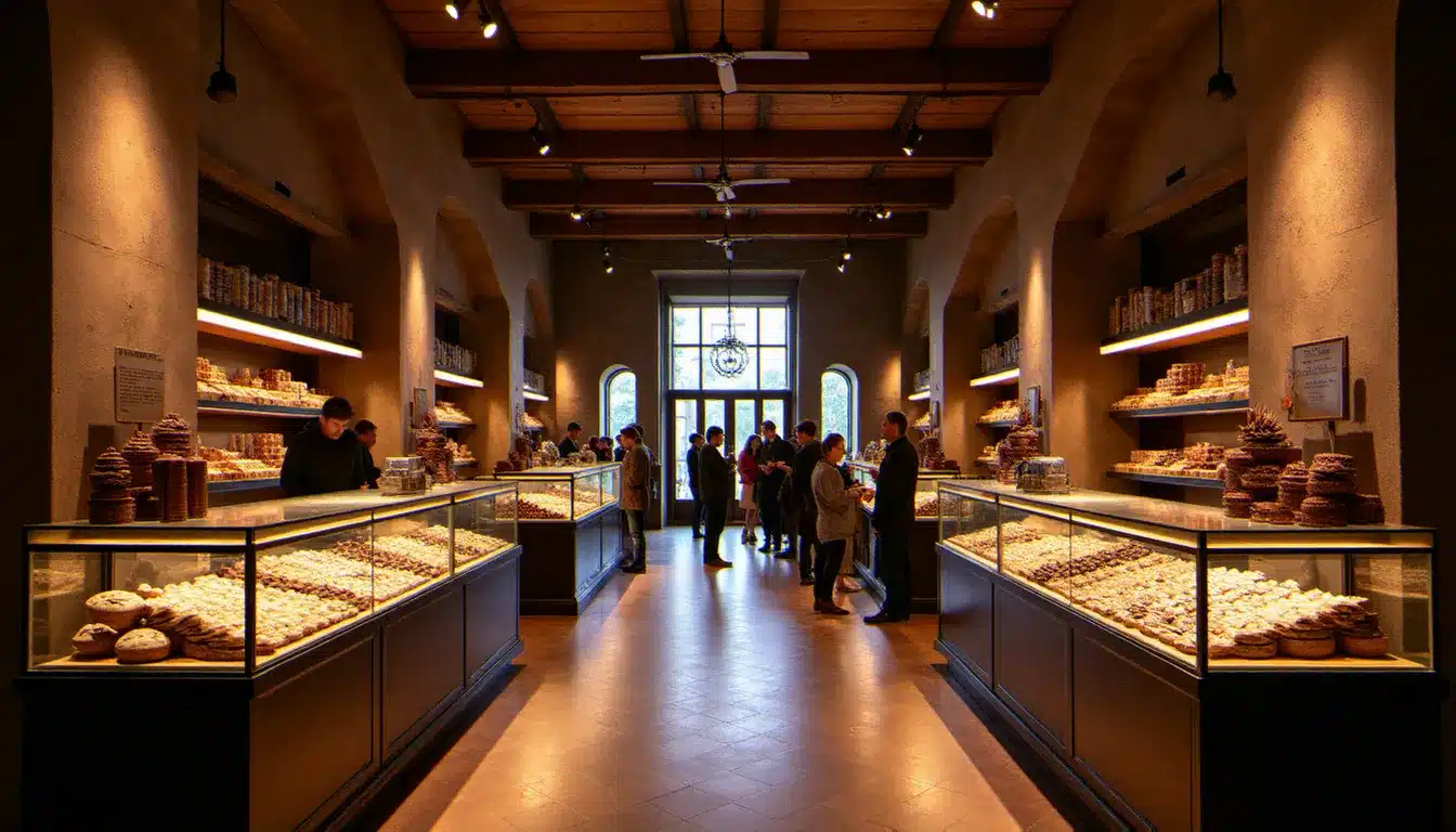 Stand d'artisan chocolatier à la Grande Fête du Chocolat avec des vitrines de bonbons et tablettes artisanaux, visiteurs en dégustation dans une salle chaleureuse
