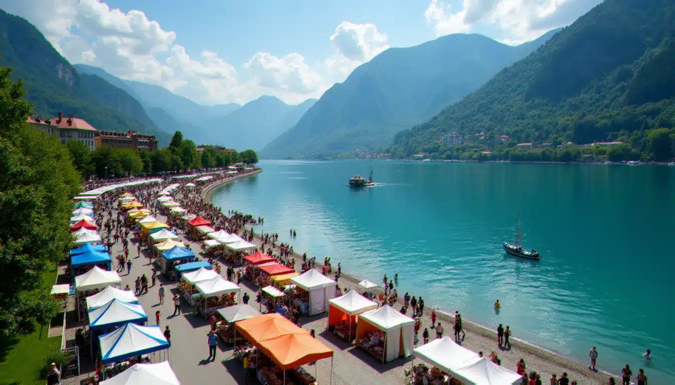 Vue aérienne de la promenade d'Aix-les-Bains avec des tentes d'événements et un marché en bord du lac du Bourget lors d'un week-end ensoleillé
