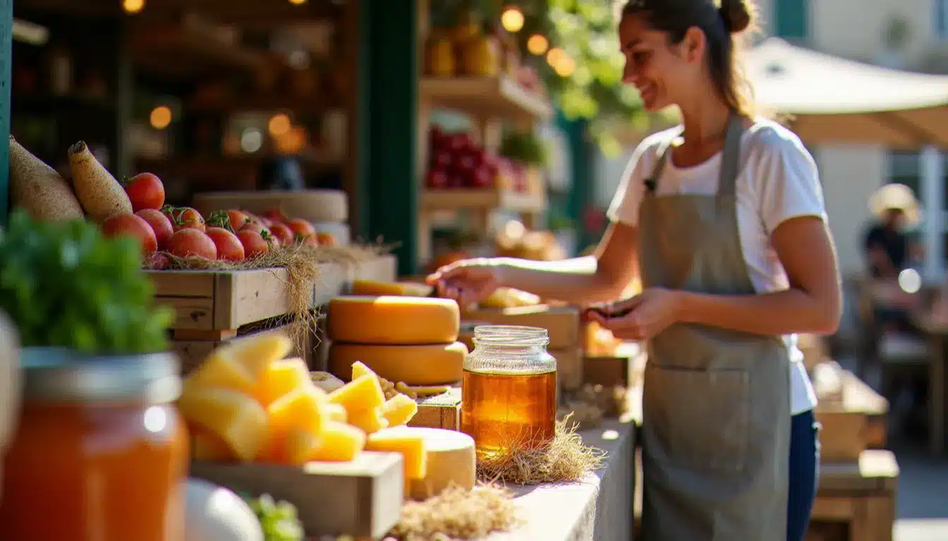 Marché de producteurs locaux le samedi matin avec étals de fromages, légumes de saison et miel artisanal, ambiance authentique et conviviale